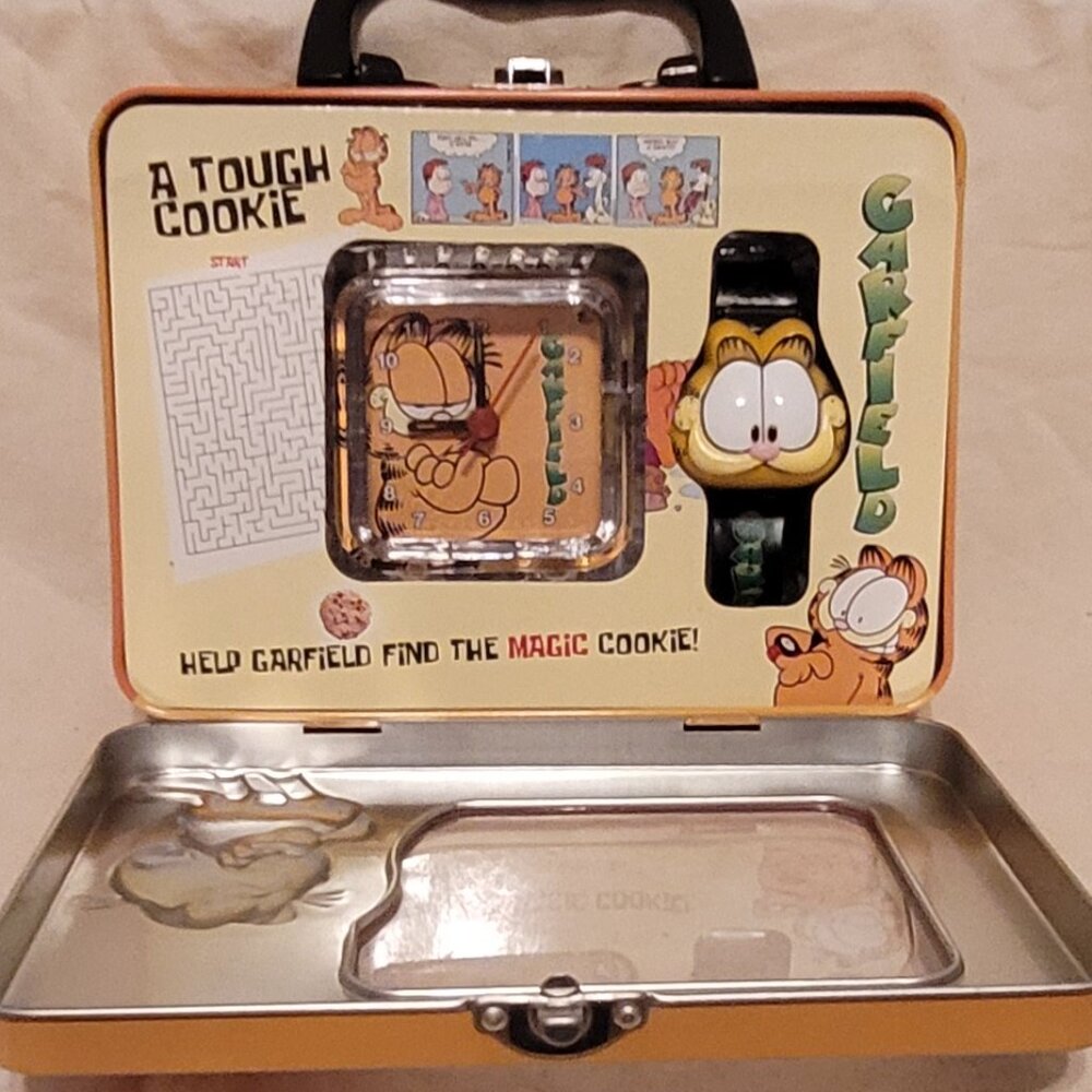 Rare Vintage Garfield Metal Lunch Box With Watch and Clock